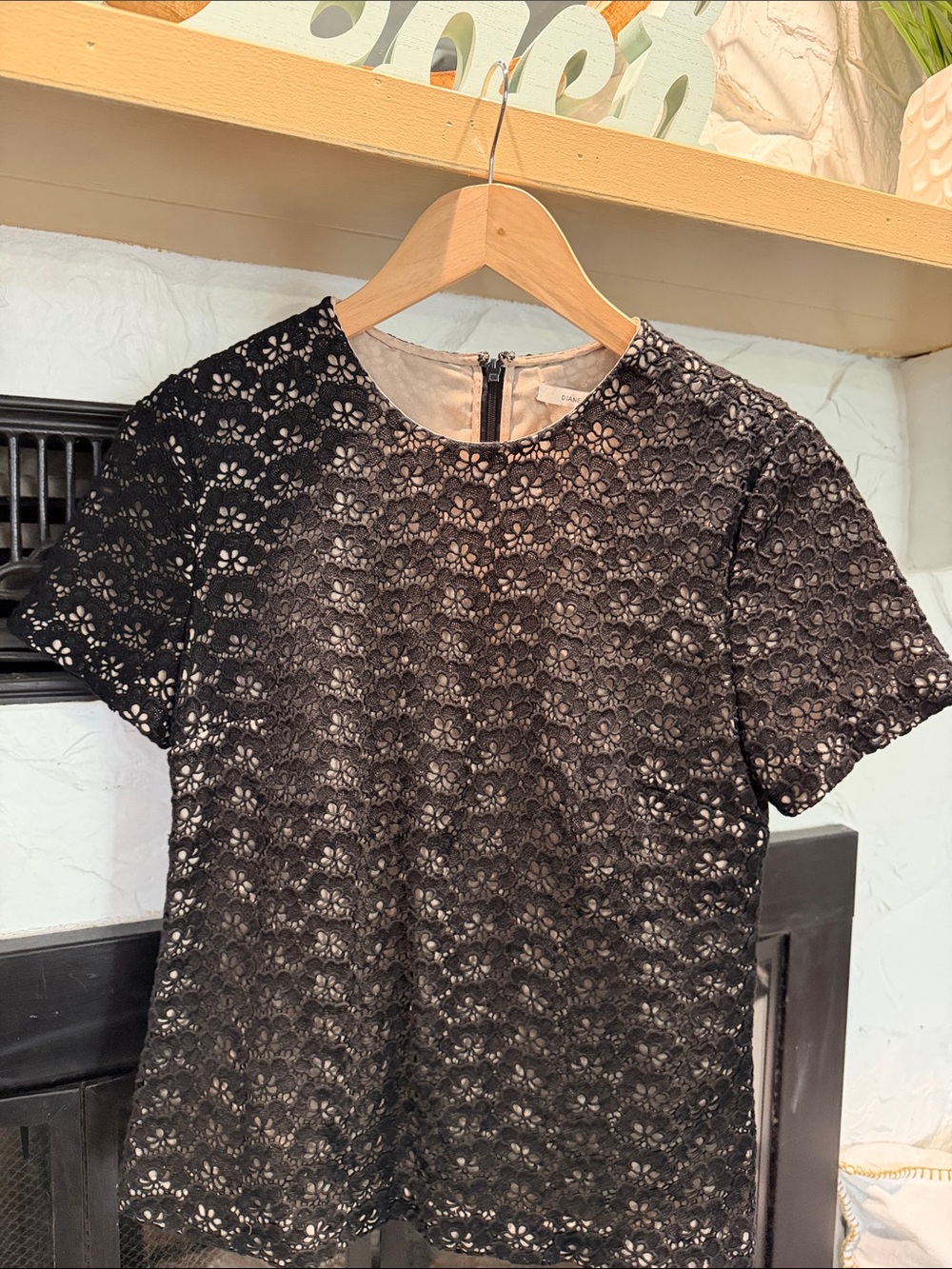 Diane Von Furstenberg Black Floral Lace Short-Sleeve Top